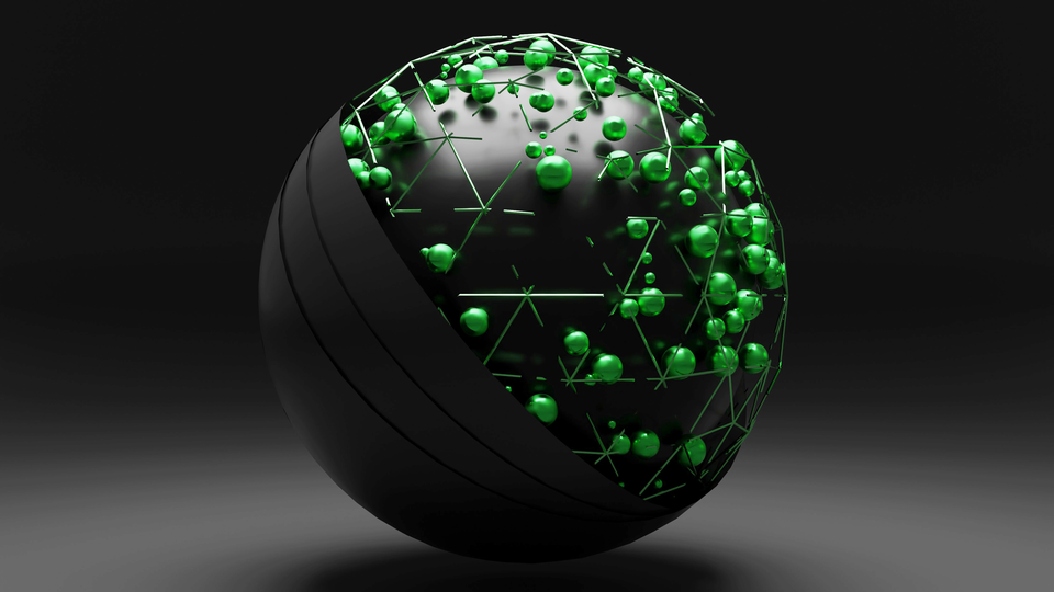A black floating globe against a dark background, half of it covered in small green pearls.