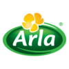 Grön symbol med gul blomma och vit text Arla