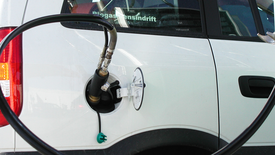 Closeup of a white car fueling biogas.