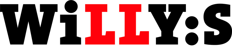 Logotyp med namnet Willys. De två L:en är röda, övrig text svart.