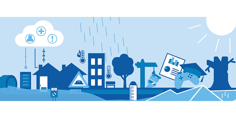 An illustration with water related symbols: sewage, cloud, rain, houses, measuring devices etc.  