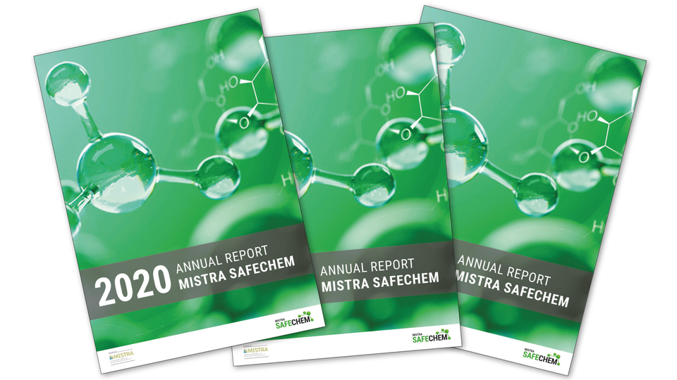 Several front pages of  the annual report for 2020 from Mistra SafeChem.