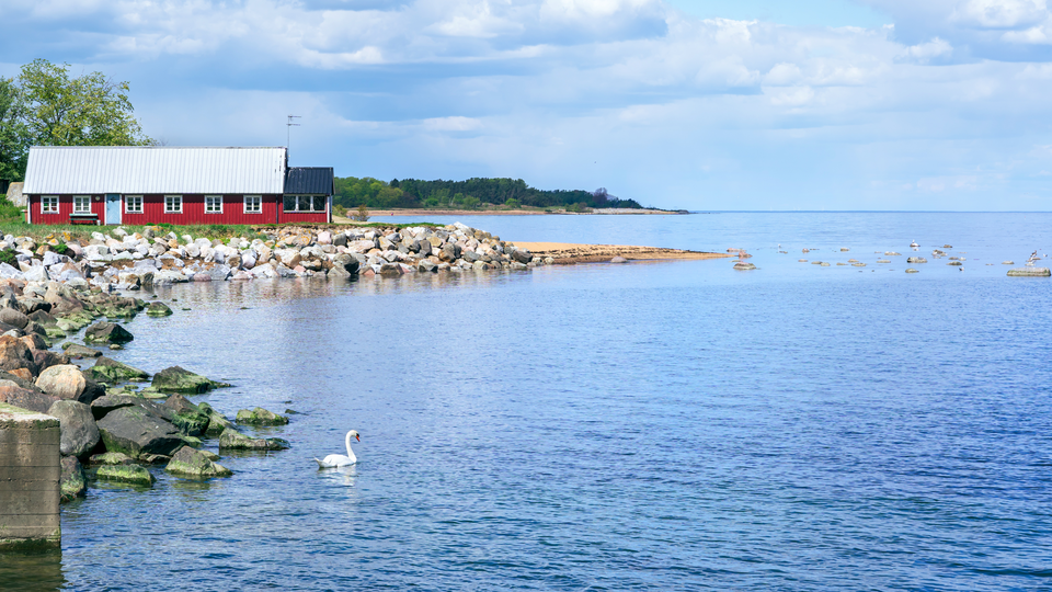 Colourful beach huts in a row on the beach in Simrishamn, Skane, Sweden